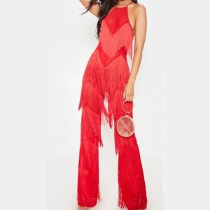 Red Mesh Tassel Cross Back Flare Leg Jumpsuit